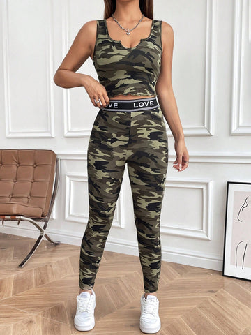 Camouflage Knitted Tight-Fitting Women'S Two-Piece Set