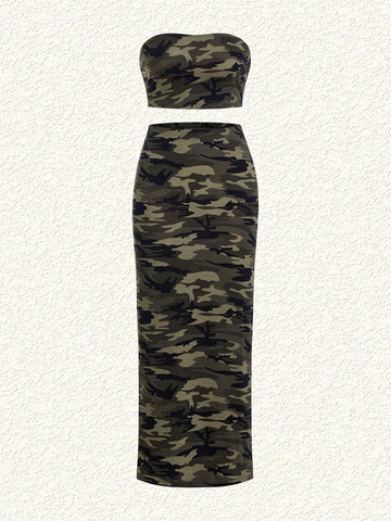 Camouflage Tube Top And Knit Bodycon Skirt Set