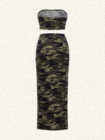Camouflage Tube Top And Knit Bodycon Skirt Set
