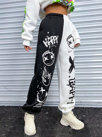 EZwear Cartoon & Letter Graphic Two Tone Sweatpants