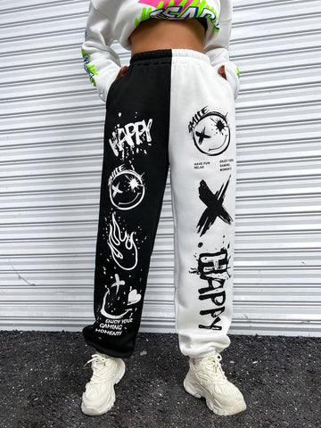 EZwear Cartoon & Letter Graphic Two Tone Sweatpants