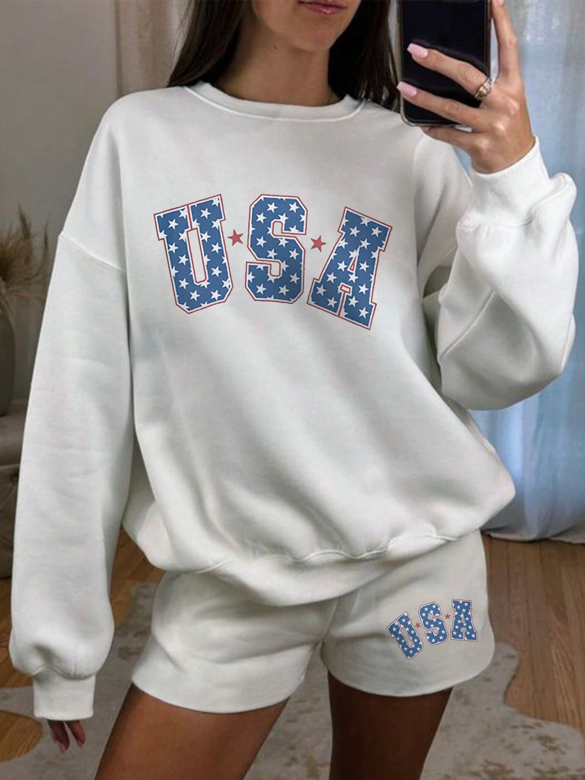 Casual American Flag & Letter Pattern Off-Shoulder Sports Top And Shorts Set
