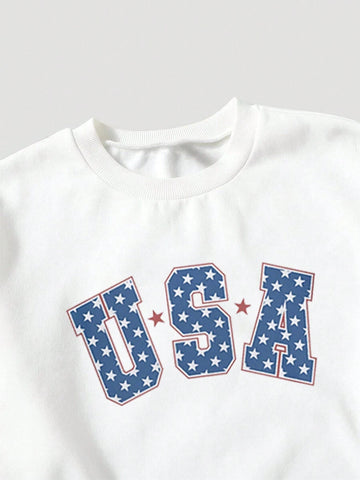 Casual American Flag & Letter Pattern Off-Shoulder Sports Top And Shorts Set