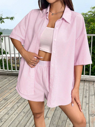 EZwear Casual And Breathable Pink & White Striped Loose Short Sleeve Shirt For Summer Vacation