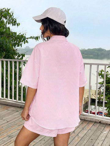 EZwear Casual And Breathable Pink & White Striped Loose Short Sleeve Shirt For Summer Vacation