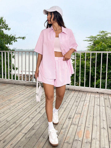 EZwear Casual And Breathable Pink & White Striped Loose Short Sleeve Shirt For Summer Vacation