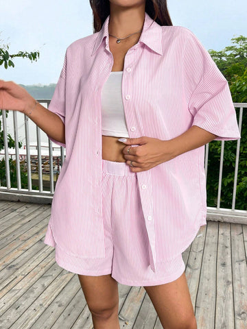 EZwear Casual And Breathable Pink & White Striped Loose Short Sleeve Shirt For Summer Vacation