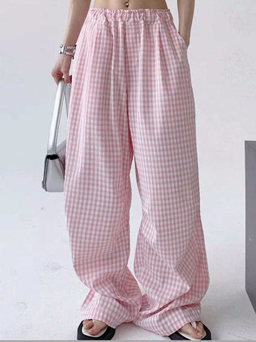EZwear Casual Casual Plaid Wide-Leg Pants With Elastic Waist