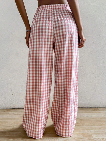 EZwear Casual Casual Plaid Wide-Leg Pants With Elastic Waist