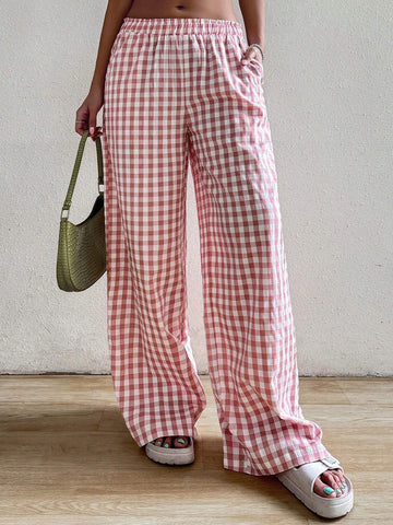 EZwear Casual Casual Plaid Wide-Leg Pants With Elastic Waist