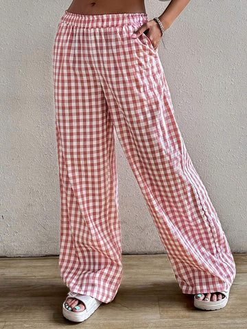 EZwear Casual Casual Plaid Wide-Leg Pants With Elastic Waist