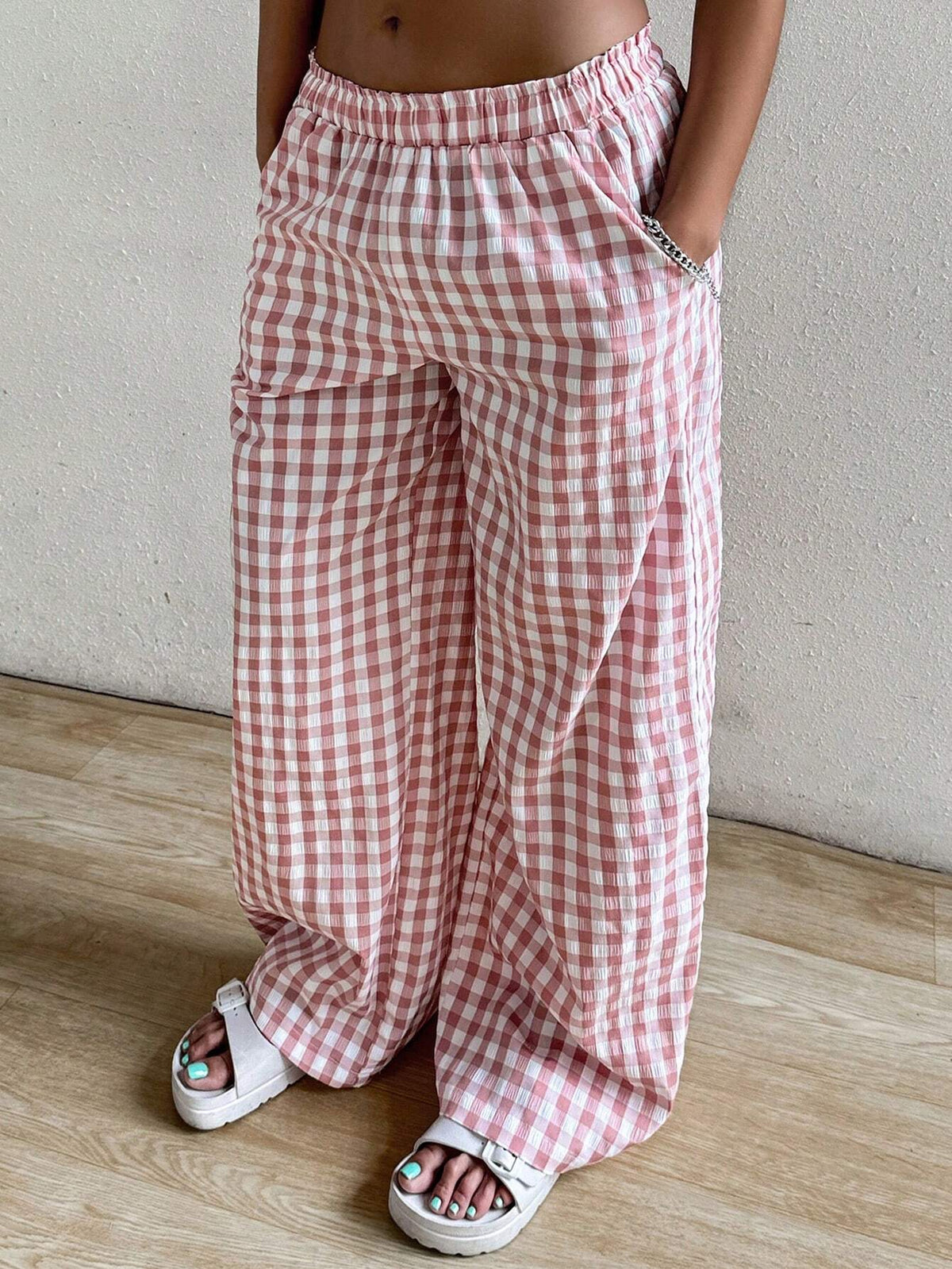 EZwear Casual Casual Plaid Wide-Leg Pants With Elastic Waist