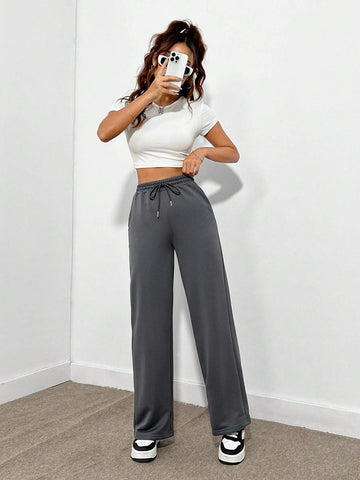 EZwear Casual Drawstring Wide Leg Loose Women's Sweatpant And Sweatshirt Set, Suitable For Autumn