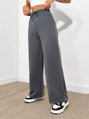EZwear Casual Drawstring Wide Leg Loose Women's Sweatpant And Sweatshirt Set, Suitable For Autumn