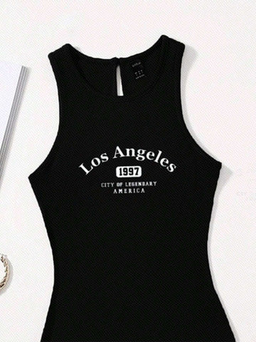 Casual Letter Printed Knit Round Neck Sleeveless Top With Metallic Jumpsuit