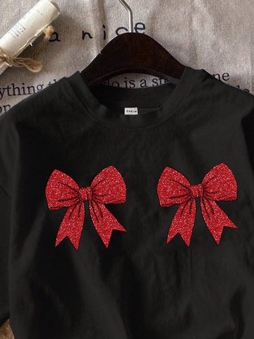Casual Loose Butterfly Graphic Round Neck Short Sleeve Women T-Shirt, Suitable For Summer