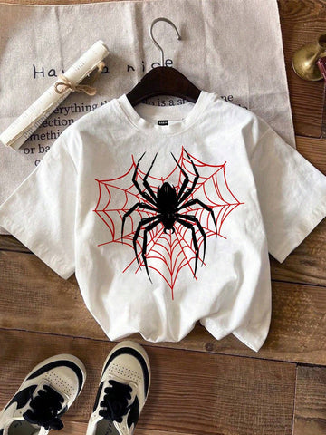 Casual Loose Spider Pattern Round Neck Short Sleeve Women's T-Shirt, Suitable For Summer