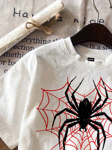 Casual Loose Spider Pattern Round Neck Short Sleeve Women's T-Shirt, Suitable For Summer
