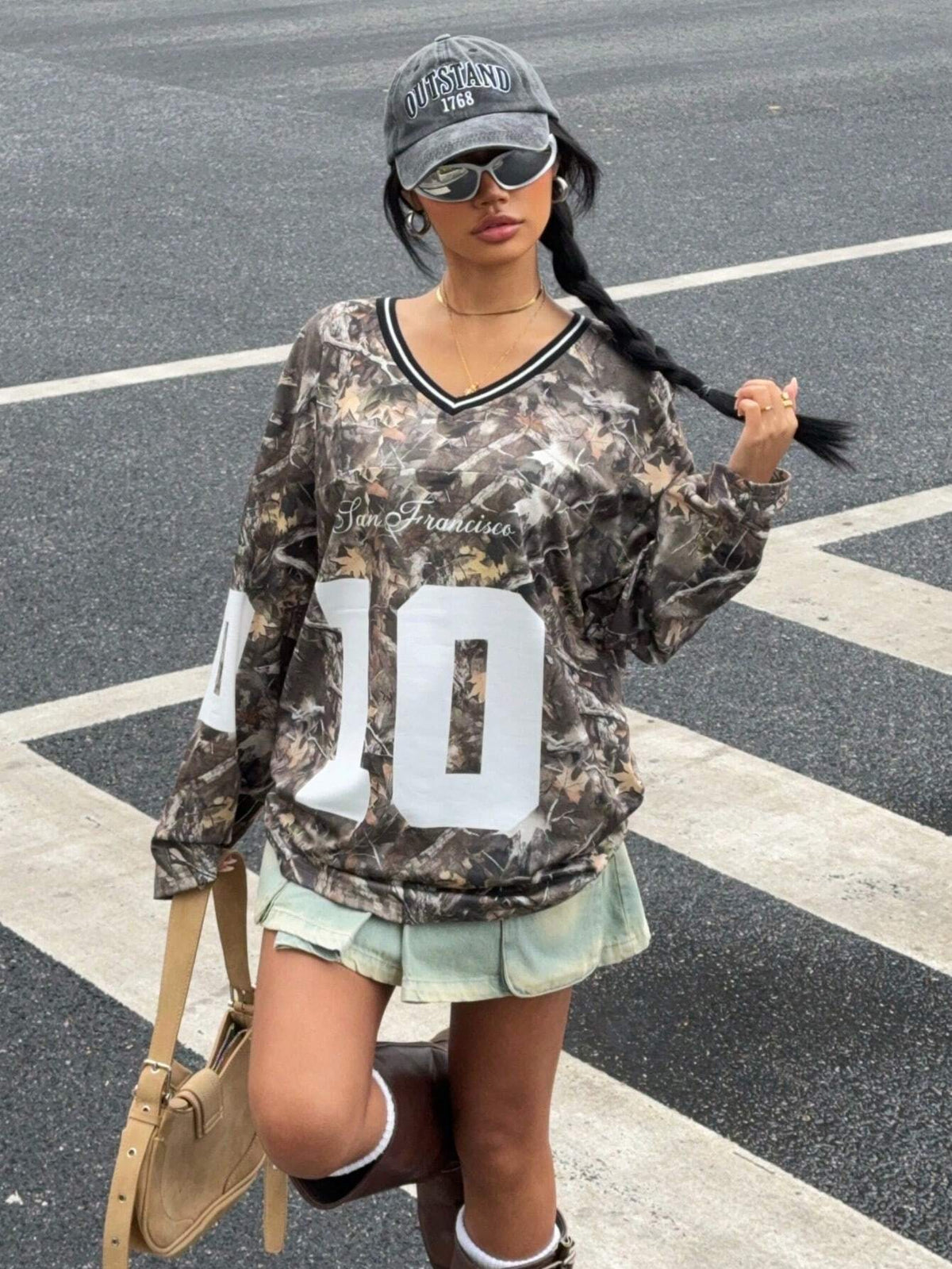 Casual Retro Leaf & Number Print Long Sleeve Women T-Shirt