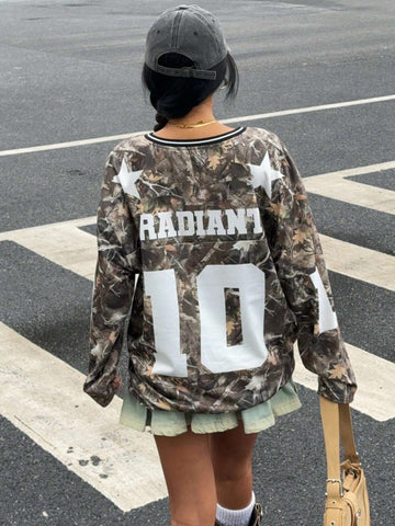 Casual Retro Leaf & Number Print Long Sleeve Women T-Shirt