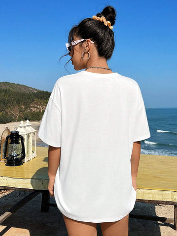 EZwear Casual Simple Flower Pattern Round Neck Short Sleeve Oversized Women T-Shirt