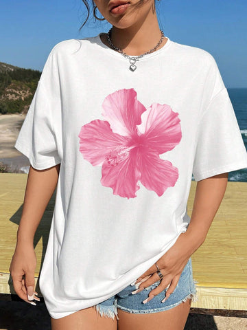 EZwear Casual Simple Flower Pattern Round Neck Short Sleeve Oversized Women T-Shirt