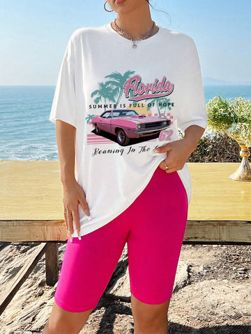 Casual Simple Pattern Round Neck Loose Short Sleeve Women Two-Piece Set Suitable For Summer