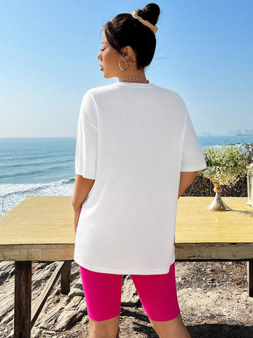 Casual Simple Pattern Round Neck Loose Short Sleeve Women Two-Piece Set Suitable For Summer