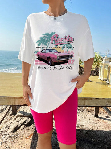 Casual Simple Pattern Round Neck Loose Short Sleeve Women Two-Piece Set Suitable For Summer