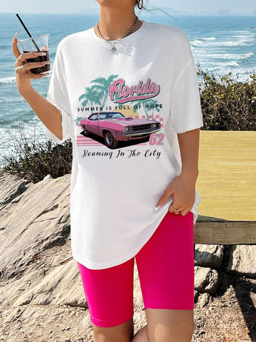 Casual Simple Pattern Round Neck Loose Short Sleeve Women Two-Piece Set Suitable For Summer