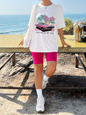 Casual Simple Pattern Round Neck Loose Short Sleeve Women Two-Piece Set Suitable For Summer