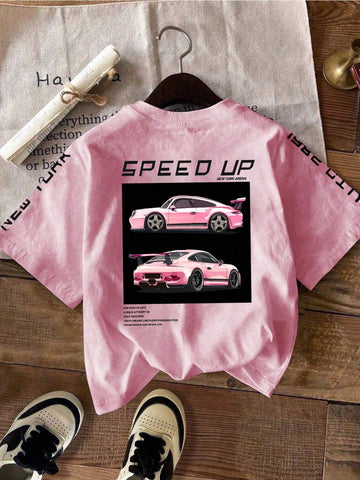 Casual Simple Racing Car Pattern Round Neck Loose Short Sleeve T-Shirt For Women, Summer