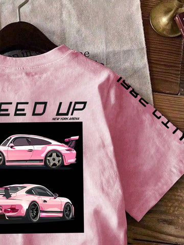 Casual Simple Racing Car Pattern Round Neck Loose Short Sleeve T-Shirt For Women, Summer