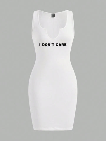 Casual Simple Slogan Printed Sleeveless Bodycon Dress For Women