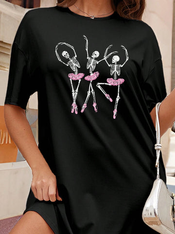 Casual Skull & Ballet Print Short Sleeve T-Shirt Dress