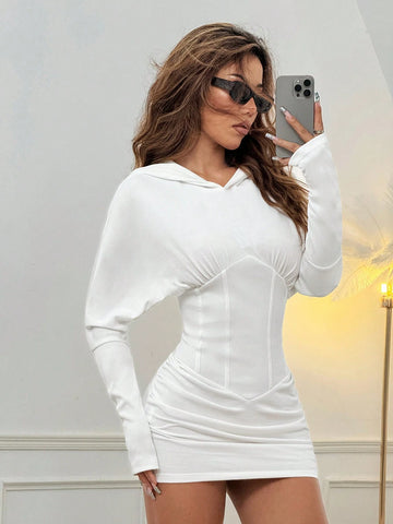 Casual Solid Color Batwing Sleeve Fishbone Bodycon Mini Hooded Sweatshirt Dress, Spring
