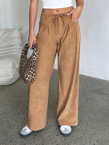 EZwear Casual Solid Color Corduroy Straight Leg Pants