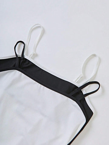 Casual Spaghetti Strap Color Block Crop Top And Shorts Twinset Bodysuit For Women