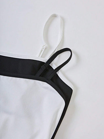 Casual Spaghetti Strap Color Block Crop Top And Shorts Twinset Bodysuit For Women
