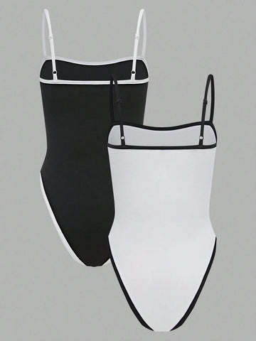 Casual Spaghetti Strap Color Block Crop Top And Shorts Twinset Bodysuit For Women