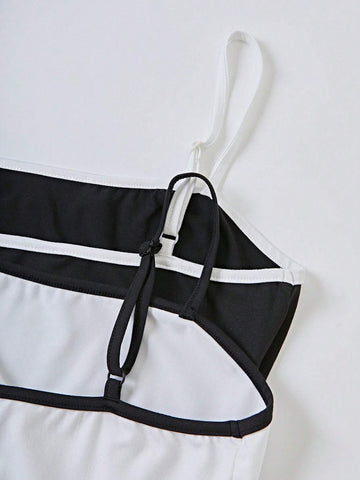 Casual Spaghetti Strap Color Block Crop Top And Shorts Twinset Bodysuit For Women
