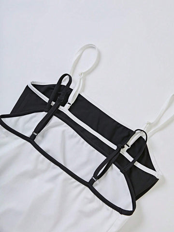 Casual Spaghetti Strap Color Block Crop Top And Shorts Twinset Bodysuit For Women