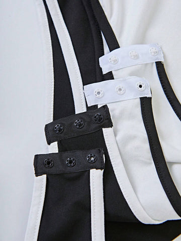 Casual Spaghetti Strap Color Block Crop Top And Shorts Twinset Bodysuit For Women