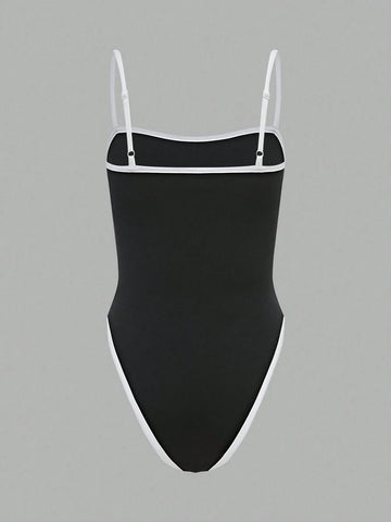 Casual Spaghetti Strap Color Block Crop Top And Shorts Twinset Bodysuit For Women