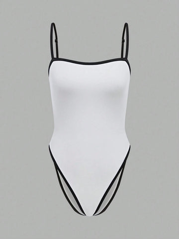 Casual Spaghetti Strap Color Block Crop Top And Shorts Twinset Bodysuit For Women