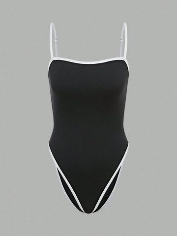 Casual Spaghetti Strap Color Block Crop Top And Shorts Twinset Bodysuit For Women