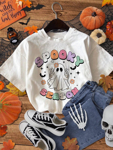 EZwear Casual Spooky Season Cartoon Ghost Print White Crew Neck Short Sleeve Form Fitting Women T-Shirt, Fits For Halloween Summer