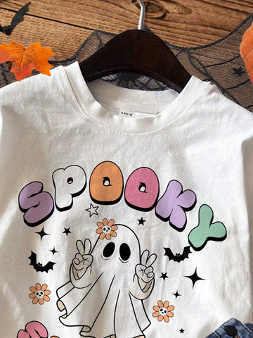 EZwear Casual Spooky Season Cartoon Ghost Print White Crew Neck Short Sleeve Form Fitting Women T-Shirt, Fits For Halloween Summer