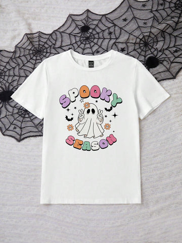 EZwear Casual Spooky Season Cartoon Ghost Print White Crew Neck Short Sleeve Form Fitting Women T-Shirt, Fits For Halloween Summer