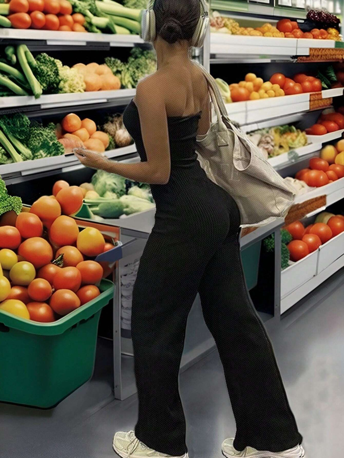 Casual Strapless Jumpsuit With Off-Shoulder Design, Black High-Waisted Bodycon Pants, Trendy